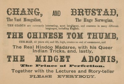 Mainos Changin, Brustadin, The Chinese Tom Thumbin ja The Midget Adonisin esiintymisistä tekijältä English School