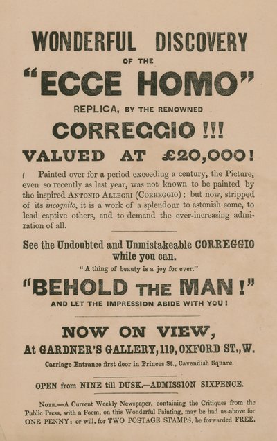 Mainos Correggion (Antonio Allegri) maalauksen Ecce Homo replikan näyttelystä tekijältä English School