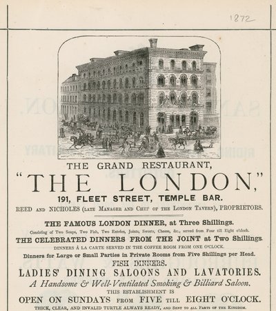 Mainos suuresta ravintolasta The London, 191 Fleet Street, Temple Bar tekijältä English School