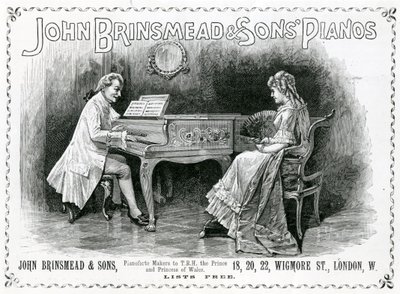 Mainos, John Brinsmead and Sons Pianos, Illustration for The Graphic, 4. heinäkuuta 1891 (kaiverrus) tekijältä English School