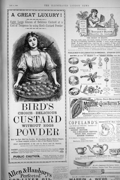 Mainos Birds Custard Powderista, The Illustrated London News, 1. syyskuuta 1886 tekijältä English School