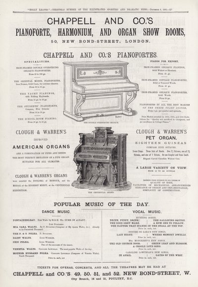 Mainos Chappell and Co:n Pianoforte-, Harmonium- ja Organ Show Roomsista (kaiverrus) tekijältä English School