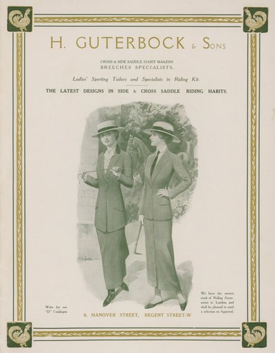 Mainos H Guterbock & Sonsille, naisten urheiluräätälöille ja ratsastussarjan asiantuntijoille (värilitho) tekijältä English School