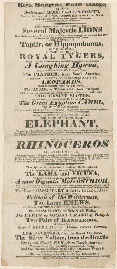 Mainos Royal Menagerie, Exeter Change tekijältä English School