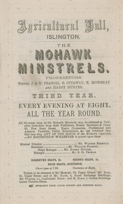 Mainos Mohawk Minstrelsille maataloushallissa tekijältä English School