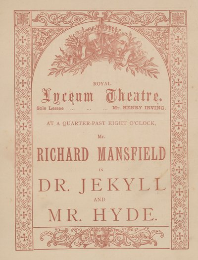 Mainoskortti Lyceum Theatrelle, tohtori Jekyll ja Mr Hyde pääosissa Richard Mansfield tekijältä English School