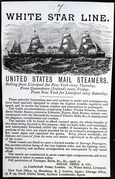 White Star Line -mainos, 1876 (painettu paperi) tekijältä English School