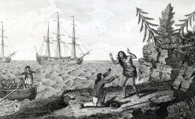 Kahden Mokito-miehen haastattelu, kuva otettu Moores Voyages and Travels -julkaisusta, 1778 tekijältä English School