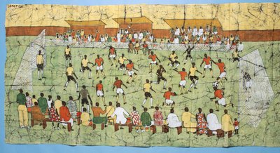 Afrikkalainen batiikki, joka kuvaa jalkapallo-ottelua katsomossa katsomassa yleisöä (tekstiili) tekijältä English School