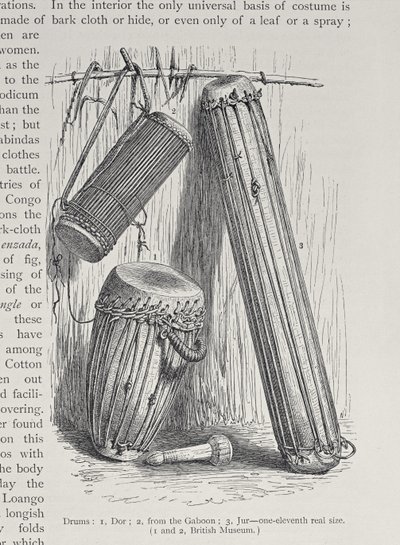 Afrikkalaiset rummut, "The History of Mankind", osa III, prof. Friedrich Ratzel, 1898 tekijältä English School