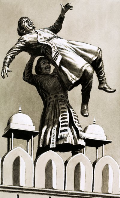 Hindustanin kuningas Akbar heitti murhaajan Adham Khanin palatsin huipulta (guassi paperilla) tekijältä English School