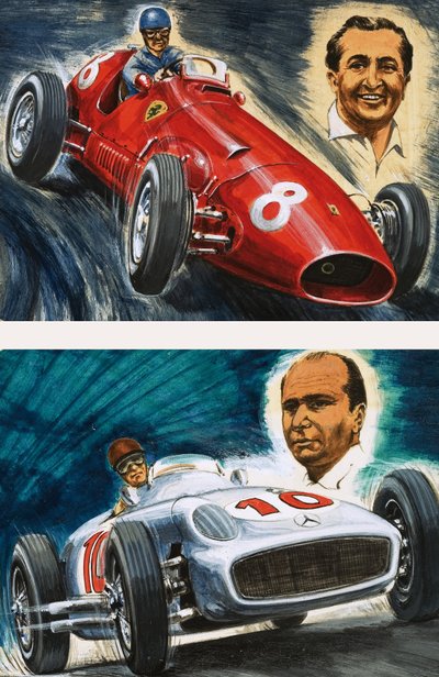Alberto Ascari Maseratilla (ylhäällä) ja Juan Manuel Fangio Mercedes-Benzillä (alla) tekijältä English School