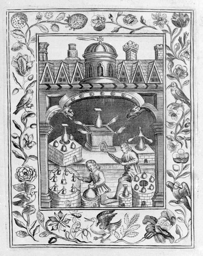 Alkemiallinen laboratorio, joka esittelee erilaisia uunien ja astioiden muotoja, otettu Theatrum Chemicum Britannicumista Elias Ashmole, 1652 tekijältä English School