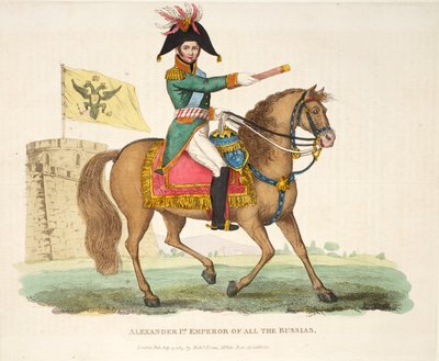 Aleksanteri I, koko Venäjän keisari, pub. Richard Evans, kaivertanut Romney, kuvitus William Mudfordin historiallisesta kertomuksesta Waterloon taistelusta, 1816 tekijältä English School