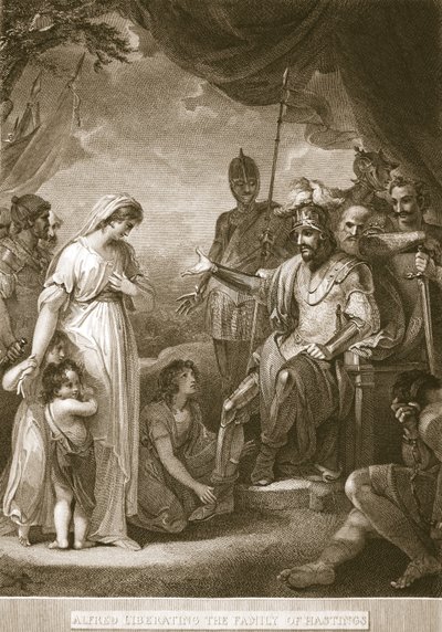 Alfred vapauttamassa Hastingsien perhettä, kuvitus David Humesista The History of England, pubi. R. Bowyer, Lontoo, 1812 tekijältä English School