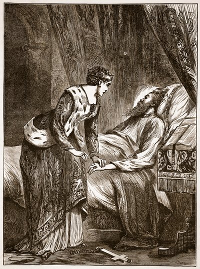 Alice Perrers Edward III:n kuolinvuoteella, kuvitus Cassells Illustrated History of Englandista (seepiakuva) tekijältä English School