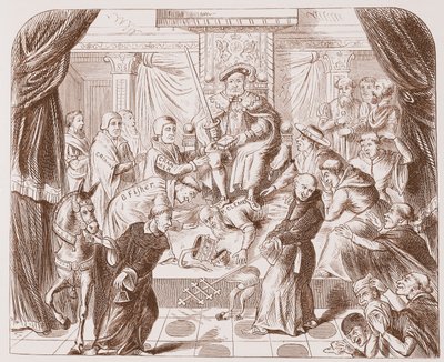 Allegorinen kuva Henry VIII:sta tallaamassa paavi Clementia, British Museumin vanhasta vedosta tekijältä English School