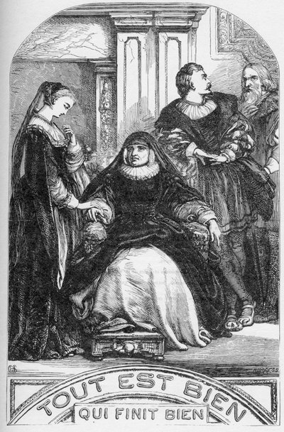 Kaikki hyvin, joka päättyy hyvin - kuvitus "" William Shakespearen valmiit teokset"" 1866 - Tämän painoksen kuvitukset ja yleinen muoto on lainattu Cassellin kuvitetusta Shakespearesta, joka julkaistiin Lontoossa tekijältä English School