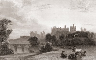 Alnwickin linna, Alnwick, Northumberland, Englanti, 1800-luvun alussa. Käytetty paikka Harry Potter -elokuvissa. Churtonin Portrait and Lanscape Gallerysta, julkaistu 1836. tekijältä English School