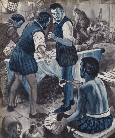 Ambroise Pare, sotilaskirurgi, kun öljy loppui (litho) tekijältä English School