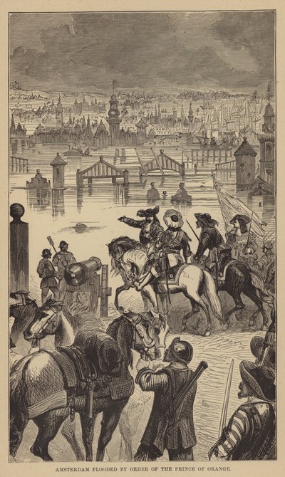 Amsterdam tulvii Oranian prinssin käskystä (kaiverrus). tekijältä English School