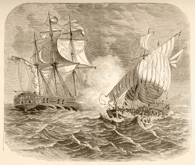 Amerikan laivaston alus vangitsi algerialaisen merirosvolaivan Barbary Coastin edustalla ensimmäisen Barbary-sodan aikana (litho) tekijältä English School