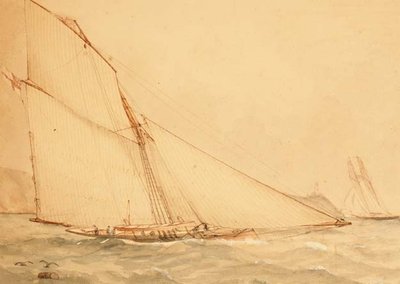 Kahdeksan metrin päähän takioitu Topsail Cutter, The Royal Yacht Squadron, n. 1860 (akvarelli paperille) tekijältä English School