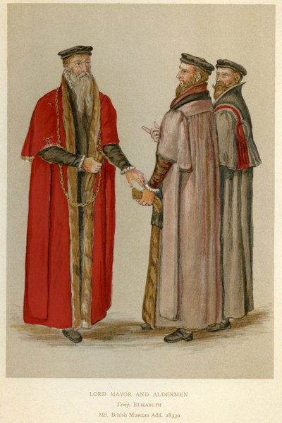 Elisabetin lordipormestari ja aldermen, kuvitus J. R. Greenin teoksesta "A Short History of the English People", n. 1892 tekijältä English School
