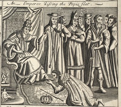 Keisari suutelemassa paavien jalkoja, kuvitus John Foxen teoksista Apostolien teot ja monumentit, yhdeksäs painos, pubi. 1684 tekijältä English School