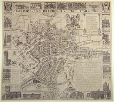 "An Exact Delineation of the Famous City of Bristolin and Suburbs", kirjoittanut James Millard, pub.1673 tekijältä English School