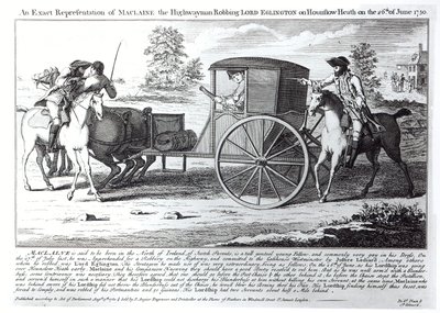 Tarkka esitys Maclaine the Highwayman ryöstöstä Lord Eglingtonin Hounslow Heathissa 26. kesäkuuta 1750 tekijältä English School