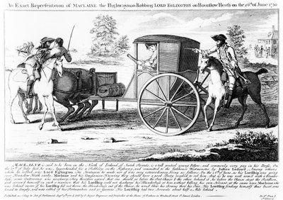 Tarkka esitys Maclaine the Highwayman ryöstöstä Lord Eglingtonin Hounslow Heathissa 26. kesäkuuta 1750, Charles Mosleyn printti, 1750 tekijältä English School