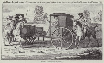 Tarkka esitys Maclainesta valtatiemiehestä, joka ryösti Lord Eglingtonin Hounslow Heathissa 26. kesäkuuta 1750 (kaiverrus) tekijältä English School