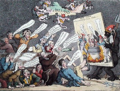 "An Irish Howl", karikatyyri Ranskan vallankumouksen vaikutuksista Irlantiin (väri litho) tekijältä English School