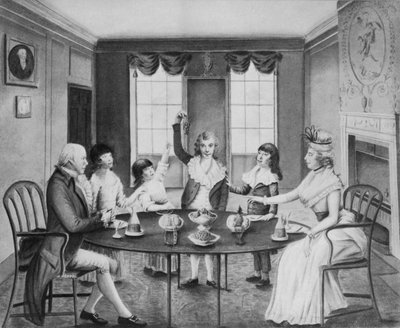 Sisustus, jossa nainen ja herrasmies istuvat pöydän ääressä ja heidän neljä lastaan seisoivat sen takana, n. 1780 tekijältä English School