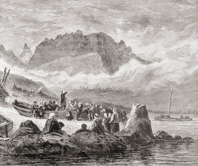 Vapaajumalanpalvelus Skyen saarella, Sisä-Hebridit, Samuel G. Greenin vuonna 1886 julkaisemasta teoksesta "Scottish Pictures Drawn with Pen and Pencil" (Skotlannin kuvia kynällä ja lyijykynällä piirrettynä). tekijältä English School