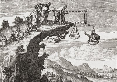 Epätavallinen tapa kiristää tunnustuksia rikollisilta Theodorus de Bryn 1500-luvun piirustuksen jälkeen. Kohtaus näyttää rikollisen istuvan epäoikeudenmukaisuuden vaakalaudalla, kun pappi kumartuu jyrkänteen ylle valmis vastaanottamaan tunnustuksensa. Olet tekijältä English School
