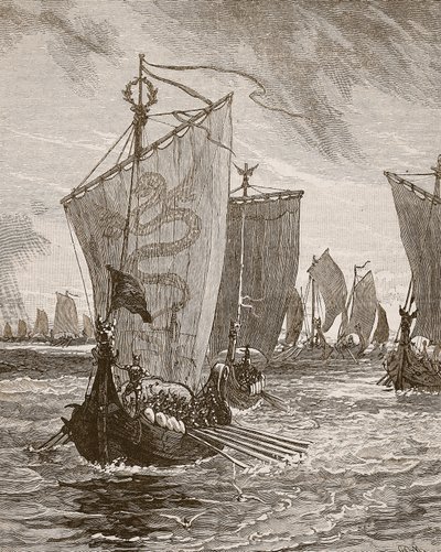 Anlaff astumassa Humberiin, kuvitus Cassells Illustrated History of Englandista (seepiakuva) tekijältä English School