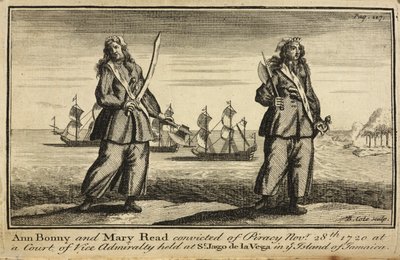 "Ann Bonny ja Mary Read tuomittiin piratismista 28. marraskuuta 1720 varaadmiraliteettioikeudessa, joka pidettiin St. Jago de la Vegassa Jamaikan saarella" tekijältä English School