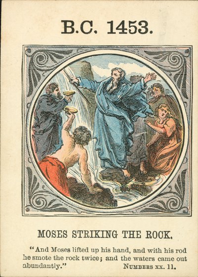 Anno Mundi: Kallioon iskevä Mooses (värilitografia). tekijältä English School