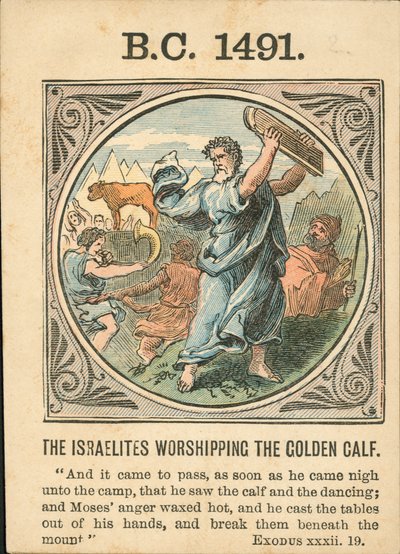 Anno Mundi: Israelilaiset palvovat kultaista vasikkaa (värilitografia). tekijältä English School