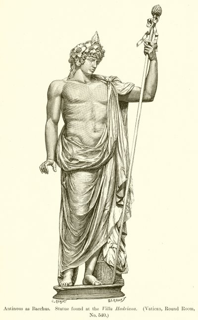 Antinous kuin Bacchus. Patsas löytyi Villa Hadrianasta. (Vatikaani, pyöreä huone, nro 540) tekijältä English School