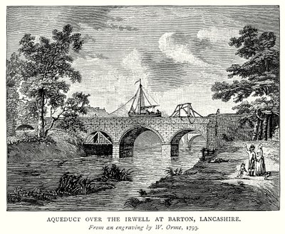 Vesijohto Irwellin yli Bartonissa, Lancashiressa (kaiverrus). tekijältä English School