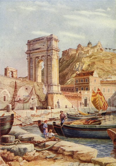 Trajanuksen kaari ja Anconan satama, Italia (väri litho) tekijältä English School