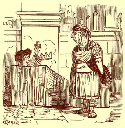 Archimedes lämpimässä kylvyssä, kuvitus Gilbert Abbott a Beckettin teoksesta The Comic History of Rome, julkaistu n. 1850 (digitaalisesti paranneltu kuva) tekijältä English School