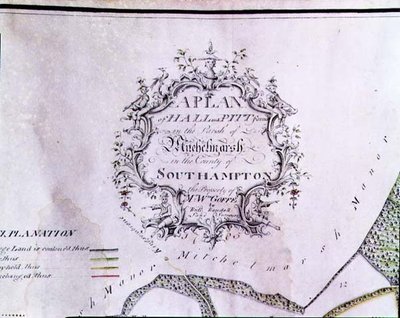 Arkisto 5629 Kuvaava kartoitus kartalta, jossa lukee "Hall- ja Pitt-tilojen suunnitelma Mitchelmarshin seurakunnassa Southamptonin kreivikunnassa, herra W. Goffen omaisuutta, kirjoittanut Richard Randall, maanmittaus". tekijältä English School
