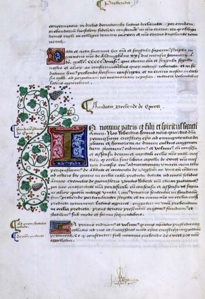 Arkisto 9432 f.15v Tekstisivu valaistulla alkukirjaimella, Robert Sherbornen tai Shirburnin (n. 1450-1536) Chichesterin piispa (vellum) perustamiskirjasta tekijältä English School