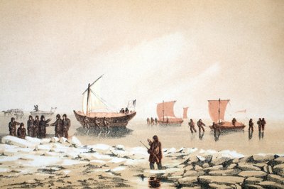 Arctic Travelling, kuva matkasta Baffins Baylle ja Barrow Straitsille..., 1852 (käsinvärinen kaiverrus) tekijältä English School