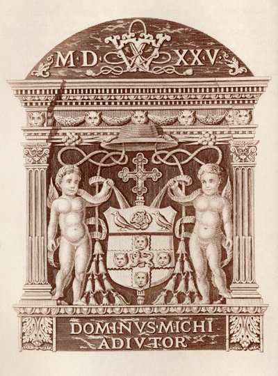 Kardinaali Wolseyn käsivarret terrakottapuvussa Hampton Court Palacessa, Ernest Lawn History of Hampton Court Palace in Tudor Times -julkaisusta, julkaistu Lontoossa 1885 tekijältä English School