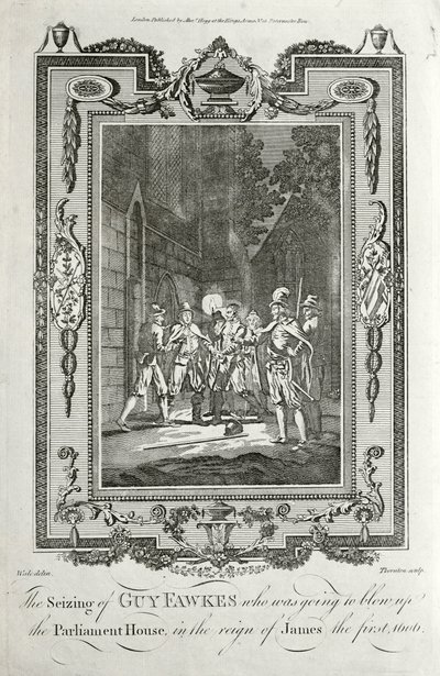 Guy Fawkesin pidätys yrittäessään räjäyttää parlamenttitalon ruutijuonessa, 5. marraskuuta 1605 (kaiverrus) tekijältä English School